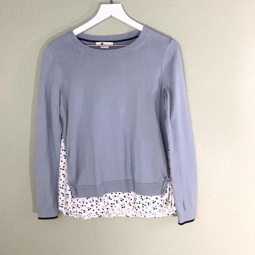 Boden Light Blue Crew Neck Layered-Look Sweater with Printed Hem